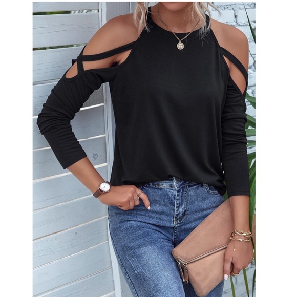 Strappy Cold Shoulder Black Long Sleeve Tee Shirt - Picture 4 of 10
